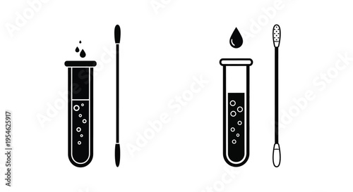 Laboratory equipment icons including test tubes swabs and a droplet silhouette