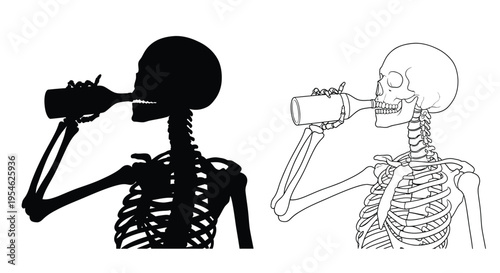 Skeleton drinking from a bottle contrasting forms in black and white silhouette