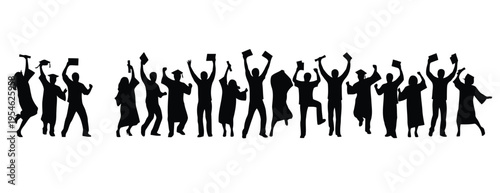 Happy graduates celebrating with arms raised and diplomas in hands