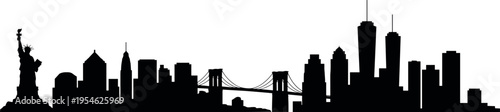 New York City skyline silhouette with Statue of Liberty, Brooklyn Bridge and Manhattan skyscrapers in minimal modern urban illustration design style