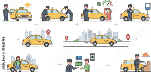 Vector Icons Set for Taxi Ride Process, Service, Payment, and Customer Interaction for Websites, Apps, and Digital Media Projects