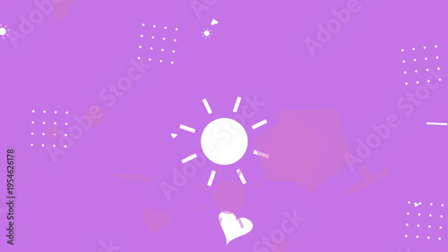 Colorful hipster memphis cover design with abstract sun and heart elements on purple background