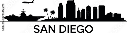 San Diego skyline silhouette with downtown buildings, palm trees, aircraft carrier and airplane, California coastal cityscape in minimal modern illustration design