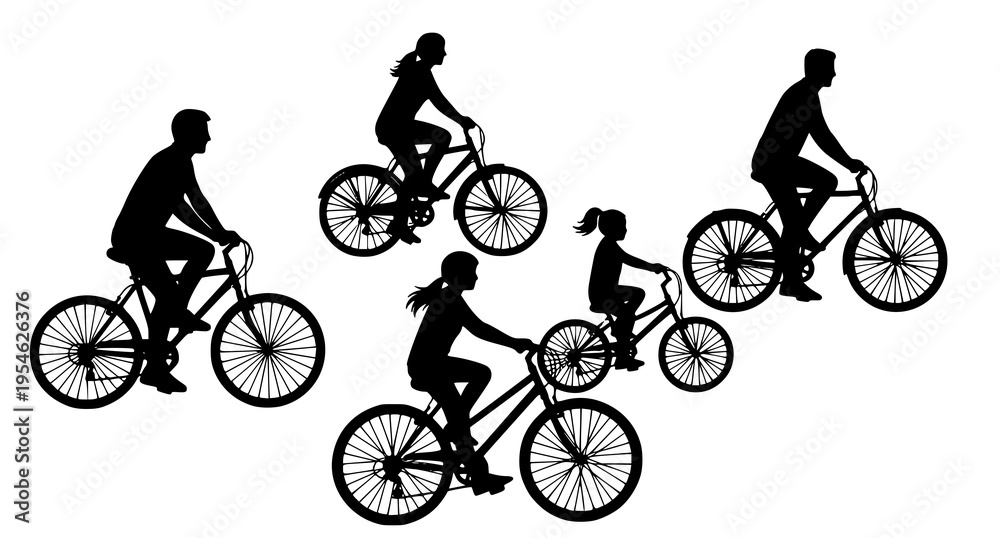 Obraz premium Dynamic family cycling silhouettes vector with playful motion poses and diagonal composition design
