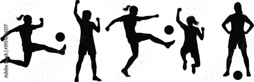 Female soccer player silhouette set featuring woman athlete kicking ball, jumping, celebrating goal, and standing isolated on white background vector.