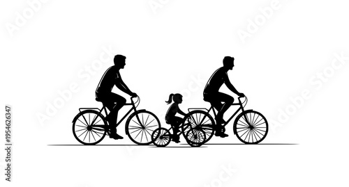 Minimalist family cycling silhouettes vector with parents and children riding bicycles in clean modern style