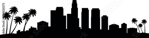 Los Angeles skyline silhouette with downtown skyscrapers and palm trees, California urban cityscape in clean minimal panoramic illustration design