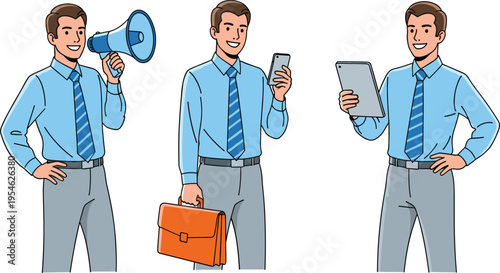 Illustration of Businessman with Megaphone, Smartphone, and Briefcase, Professional Communication and Technology Use in Office Environment