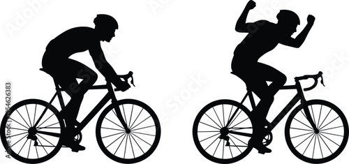 Professional cyclist silhouette set featuring rider in racing position and celebrating victory with raised arms isolated road bike vector illustration.