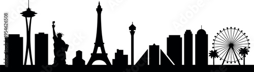 World landmarks skyline silhouette featuring Eiffel Tower, Statue of Liberty, Space Needle and Ferris wheel in modern global cityscape illustration design