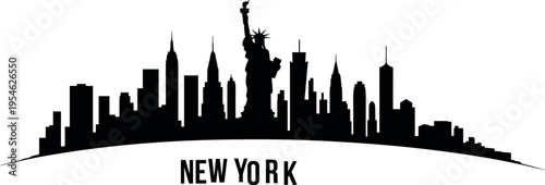 New York skyline silhouette with Statue of Liberty and Manhattan skyscrapers over curved horizon, modern urban city illustration design