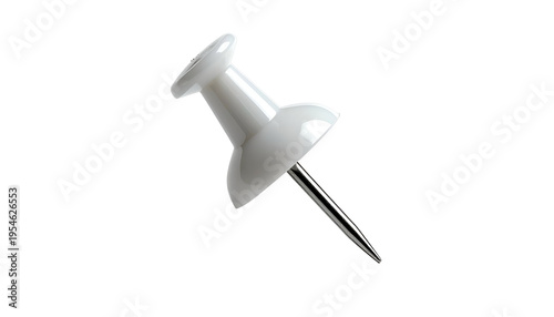 A glossy, white thumbtack with a sharp metal pin on a stark black background