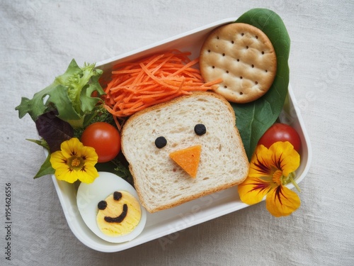A creative and healthy bento box lunch featuring a cute bread face and colorful fresh vegetables