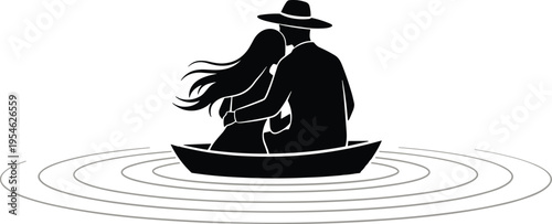 Silhouette of a romantic couple sitting in a boat on calm water with ripples, minimalist black and white vector illustration art