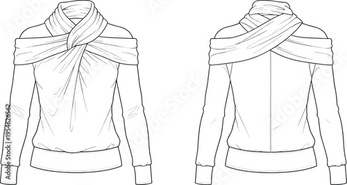 Elegant women's fashion top with twisted neckline, draped silhouette, fitted sleeves, stylish back seam, modern garment design