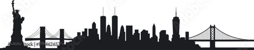 New York City skyline silhouette with Statue of Liberty, Brooklyn Bridge, Twin Towers and Manhattan landmarks in panoramic urban illustration style