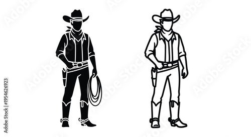 Two cowboy figures standing with lassos a striking silhouette