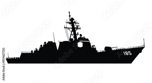 Detailed depiction of a modern naval destroyer in black silhouette