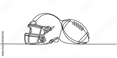 American football helmet and ball continuous line drawing element isolated on white background for decorative element. Vector illustration of gridiron in trendy outline style.