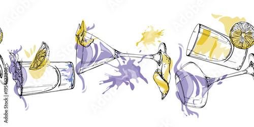 Sleek banner of vodka, Aviation, Lemon drop cocktails, sambuca shots and citrus silhouettes. Liquid fire and splatter. Hand drawn seamless vector for bar promotions, digital decor, wrapping accents.