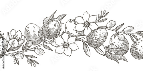 Easter seamless border with white flower and quail eggs in vintage sketch style. Hand drawn vector design of willow and grass. Graphic print ideal for card template. Perfect for spring holiday season.
