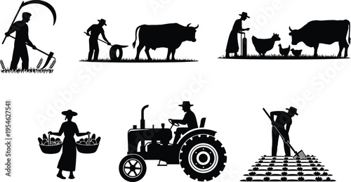 Farmer and agriculture silhouettes collection, black farming vector illustration with livestock tractor isolated on white background