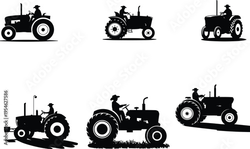Farmer driving tractor silhouettes collection, agricultural machinery vector illustration isolated on white background for farming and rural industry