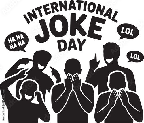 Black and white of four laughing people for international joke day cartoon figures silhouette