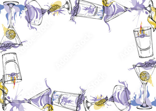 Bright vector frame of vodka, martini, gin tonic shots, lemon juice cocktails with cool lavender fire flare. Hand drawn ink outlines for summer branding, label edges, printed decor and recipe cards.