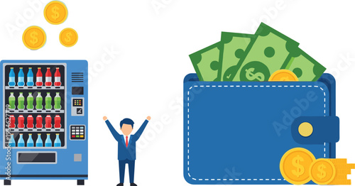 Vending machine profit concept with businessman and wallet full of cash coins illustrating automated retail income passive earnings and financial success strategy