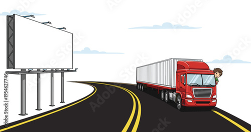 Illustration of a Red Truck Driving on a Curved Road with Blank Billboard for Advertising, Transport and Logistics Concept