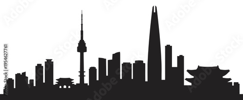 Seoul skyline vector black silhouette graphic illustration. South Korean cityscape panorama with Lotte world tower, Namsan and traditional palace isolated on white background art.