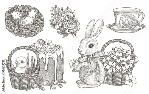 Easter vector outline set with floral bunny and chick in flower basket. Hand drawn vintage illustration with nest of eggs and jasmine bouquet in black and white. Perfect for traditional holiday card.