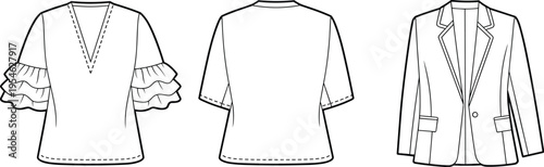 Fashion design sketch, women's blouse front and back, tailored blazer, technical drawing, garment construction, sewing pattern illustration