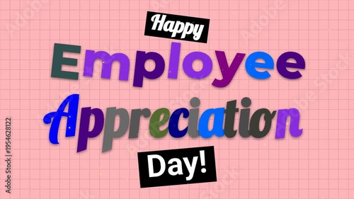 Animated text on pink grid celebrating Employee Appreciation Day with colorful letters.