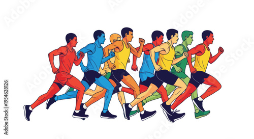 Diverse runners in a race, dynamic motion, vibrant colors, athletic competition