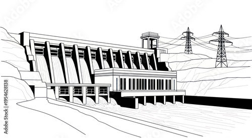 Hydroelectric Dam Power Plant with Water Flow and Transmission Towers