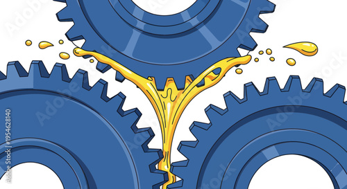 Interlocking blue gears being lubricated with golden oil, symbolizing smooth operation and efficiency.
