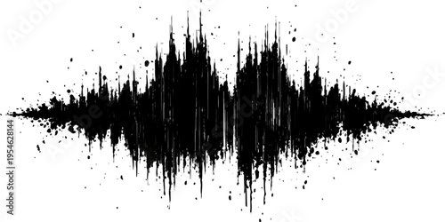 Dirty black ink splat and grunge paint splatter texture with a liquid brush spray drip and vector illustration blot element on a white background silhouette