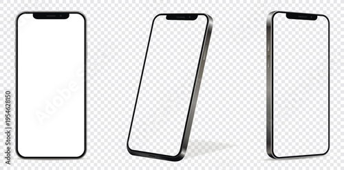 Smartphone mockup with blank empty screen. Front and side view with white and empty screen on transparent background.