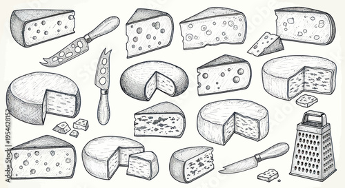 Hand-Drawn Assortment of Cheese Types with Knives and Grater