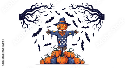 Scarecrow with Pumpkins and Bats - Halloween Illustration