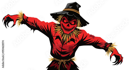 Scary Red Scarecrow with Straw, Halloween Character, Spooky Figure