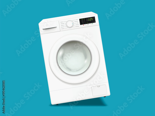 Washing machine is falling during the high-speed wash cycle isolated on blue background