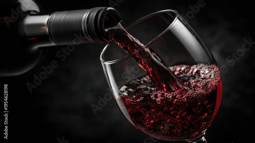 A side view of a dark wine bottle pouring red wine into a crystal glass, black background. Tasting, alcoholic beverage, drink.