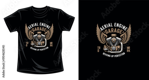 Aerial engine garage graphic vector art t-shirt design print template featuring v-twin motor with wings