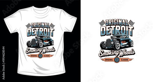 Vintage hot rod graphic vector art t-shirt design print template with original detroit and smoking wheels typography
