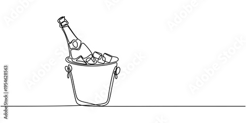 Continuous one line drawing Champagne bottle Wine Bucket Alcoholic drink and glass. one line drawing on white background.