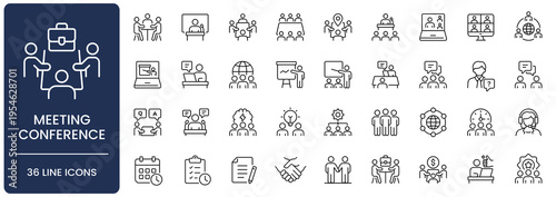 Meeting Line Icon Set. Collection of Conference, seminar, presentation, team, discussion, brainstorming, interview, teamwork, communication, handshake, Outline, Editable Stroke, Vector illustration.