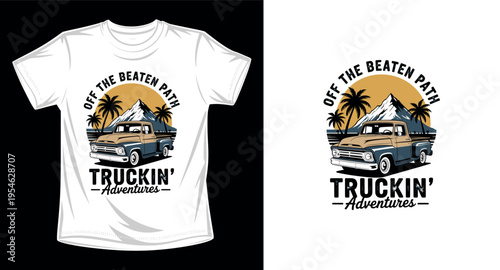 Vintage pickup truck off the beaten path graphic vector art t-shirt design print template with mountain and palm tree scenery